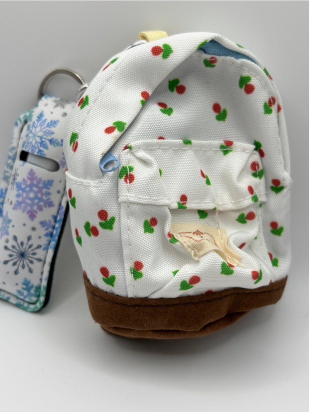 Mini Backpack Keychain Cherry Print + Hand Sanitizer Holder Snowflake NWOT - Picture 4 of 4